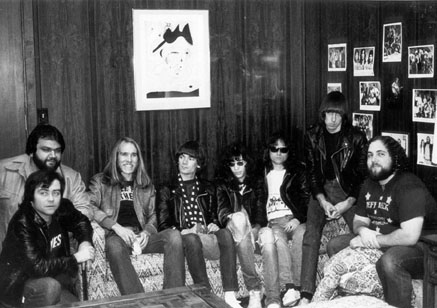 Sire Records John Bettencourt, KSJO PD Donald Wright, Afternoon DJ Tom Mix, The Ramones and Music Director & 6-10 PM DJ Lobster, late 1976.